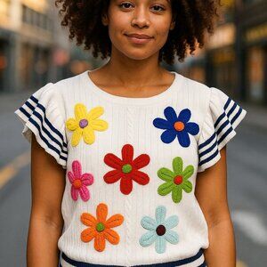 BIBI Colorful Women's Floral Crew Neck Ruffle Short Sleeve Crochet Sweater Med